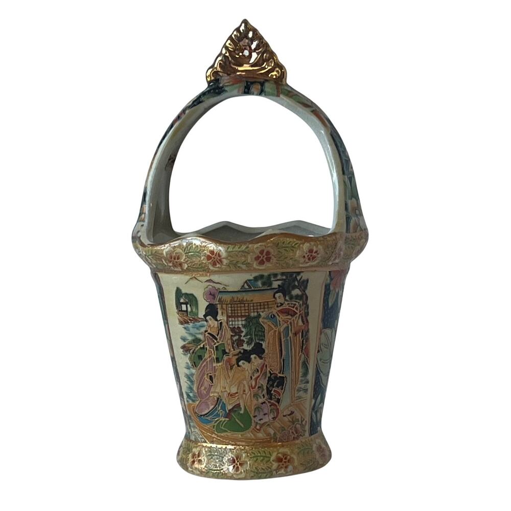 Satsuma Style Porcelain Handled Basket Moriage Gold Geisha Scene Hand Painted